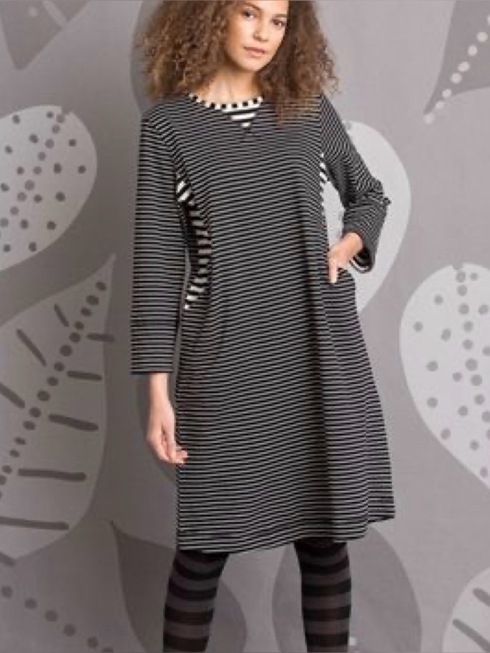 Gudrun Sjoden Black & Cream Striped Long-Sleeve Shift Dress Lagenlook Size Large